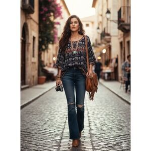 Boho Elephant‎ Print Tunic Top Embroidered Navy Blue Red White Festival Ethnic S